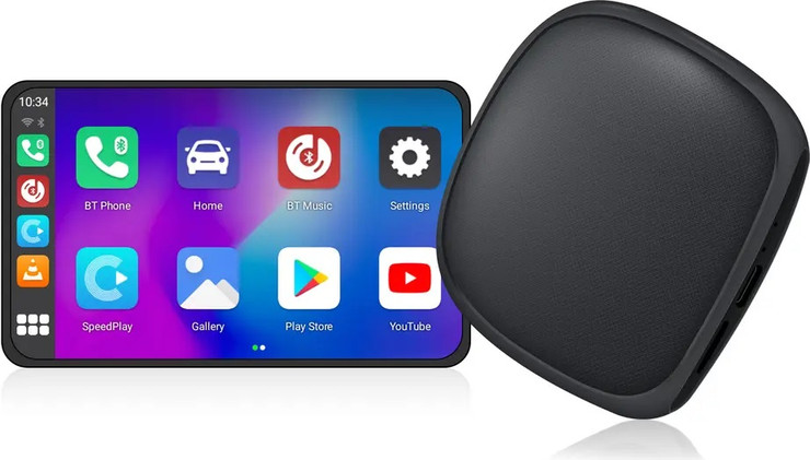 Car dashboard with Android Auto interface wirelessly projected using CarPlay adapter