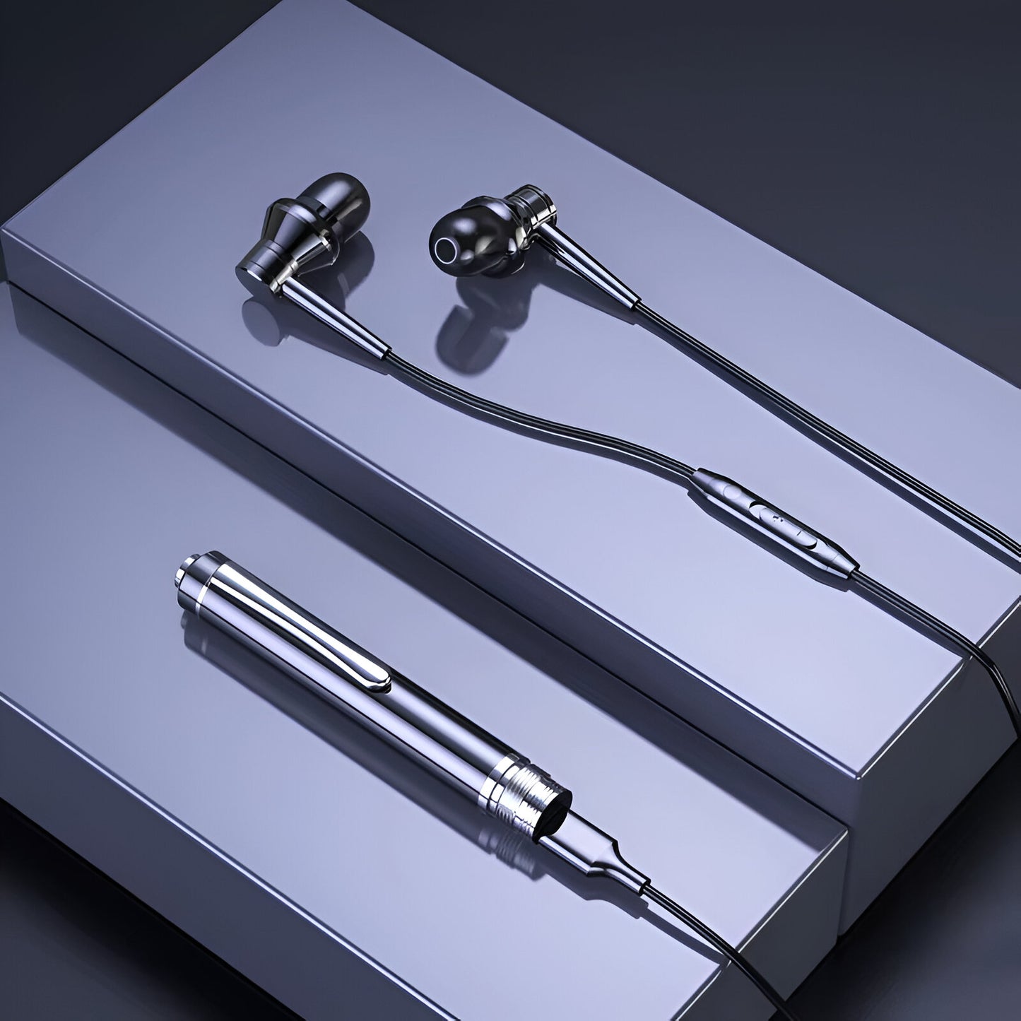 Pen voice recorder connected to earphones