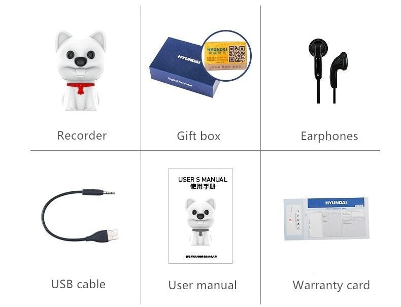 Dog Plush Mini Voice Recorder with everything that comes with the box