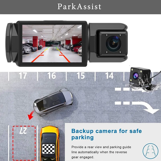 3 Way Dash Cam with multiple camera angles