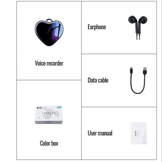 Heart-Shaped Mini Voice Recorder with everything that comes with the box
