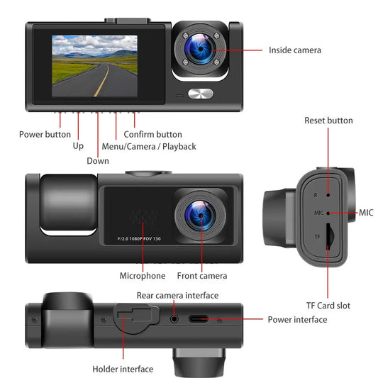 3 Channel Dash Cam with Night Vision & Motion Detection features
