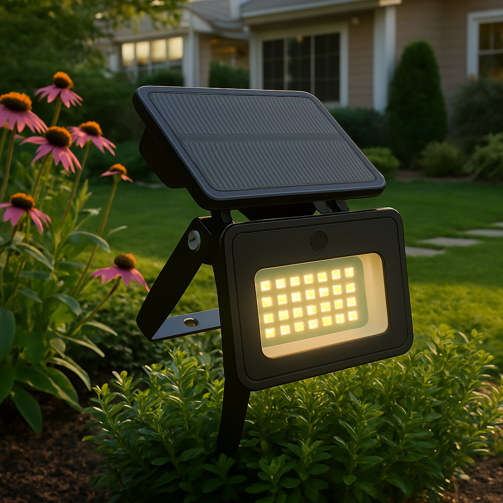 Solar powered waterproof garden light placed in the garden illuminating at night