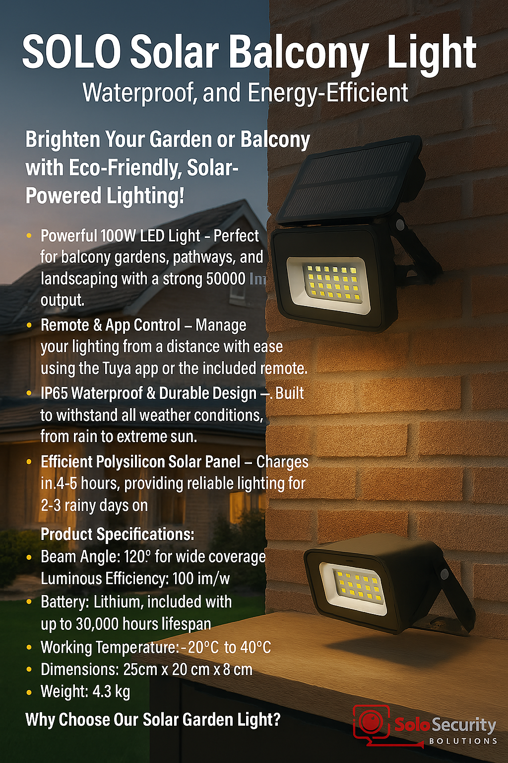 Solar powered waterproof garden light mounted on wall with solar panel details