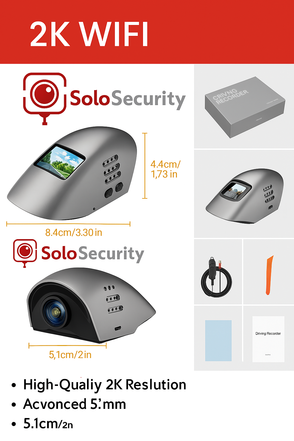 1080P Solobesafe Dash Cam with Night Vision – Front Car Camera, 2K Resolution, Event Data Recorder