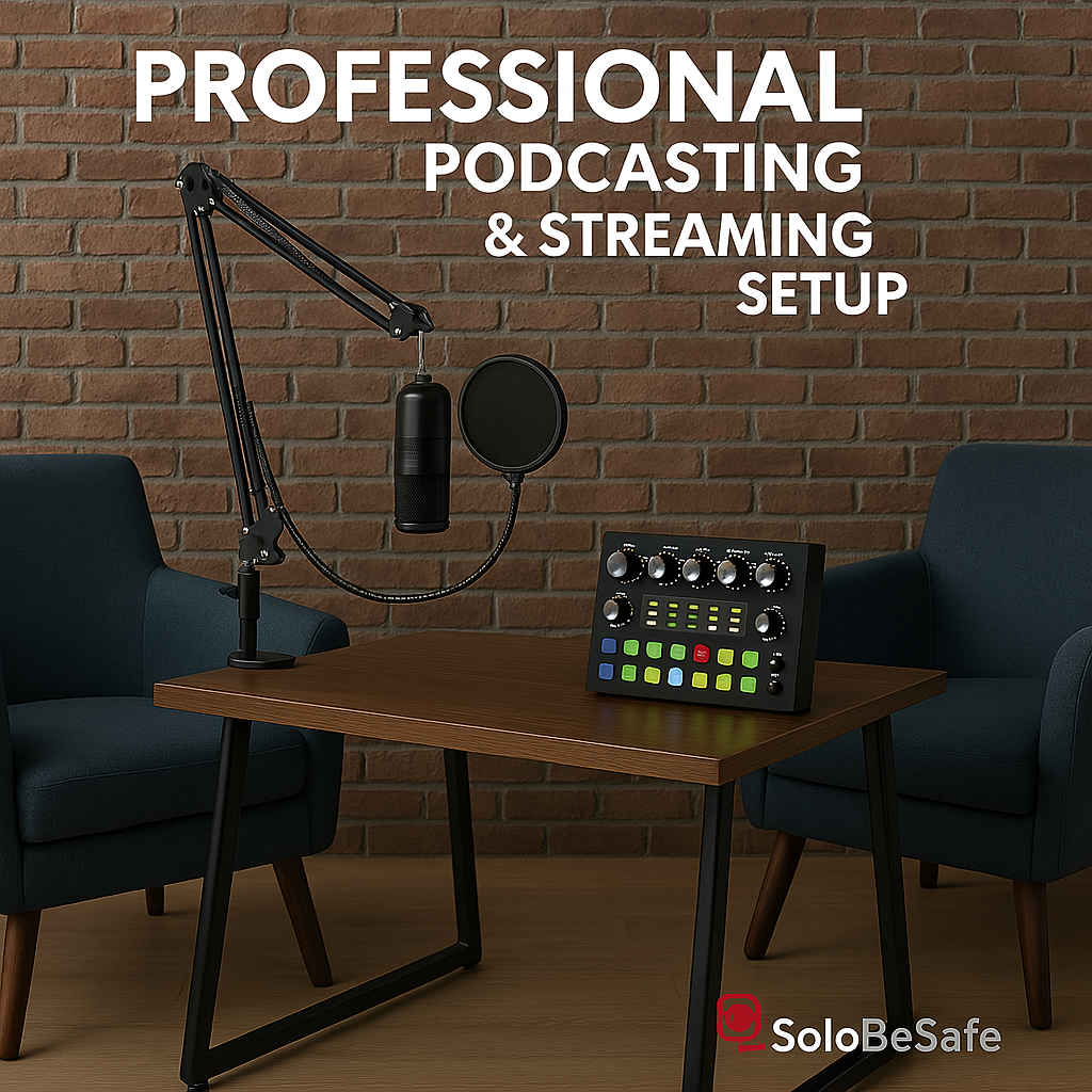 Podcast Recording Bundle with console and mic on the table