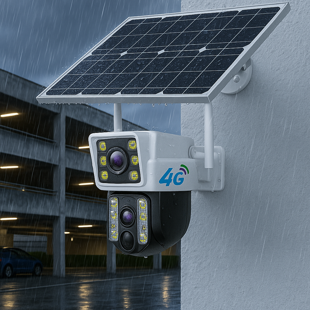 Solar WiFi PTZ Camera 4MP mounted on a wall outside with waterproof features