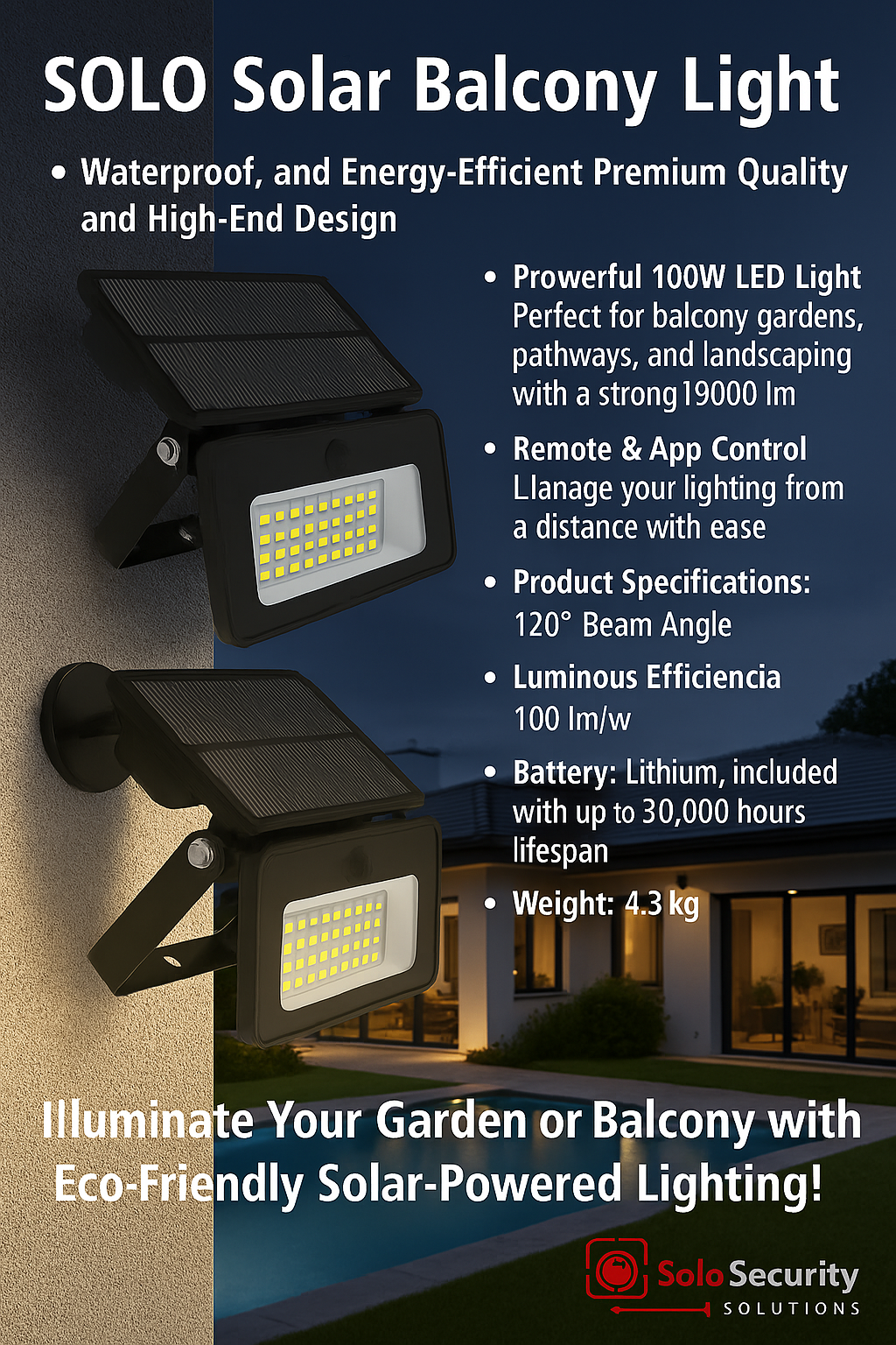 Solar powered waterproof garden light mounted on wall with product details