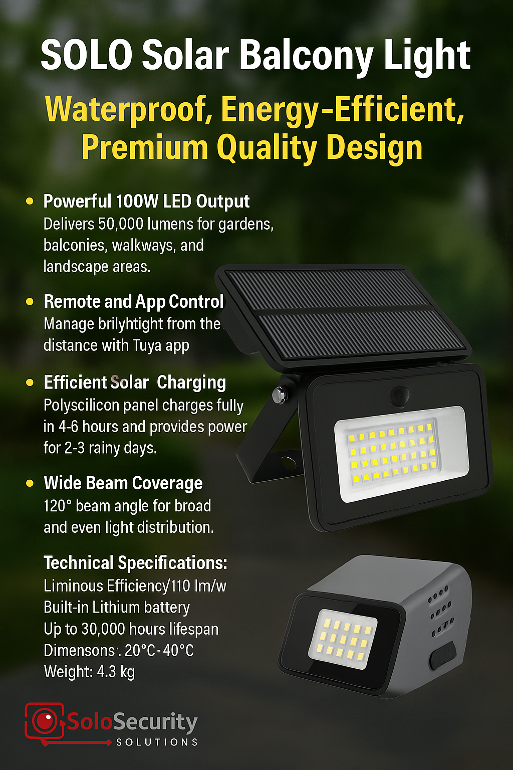 Solar powered waterproof garden light quality features mentioned