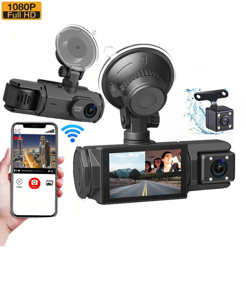 High-Quality Full HD 1080P 3-Channel Dash Cam with WiFi - Front and Back Camera System