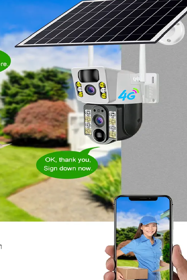 4MP Dual Lens Wifi PTZ Camera with Night Vision and Dual Screen for Outdoor wifi or 4G solar panel