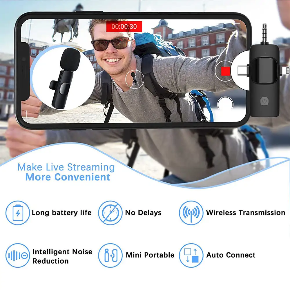 Portable 3-in-1 Wireless Lavalier Microphone – Noise-Canceling, Mini Lapel Mic for Live Interviews, Outdoor Use, & Smartphones