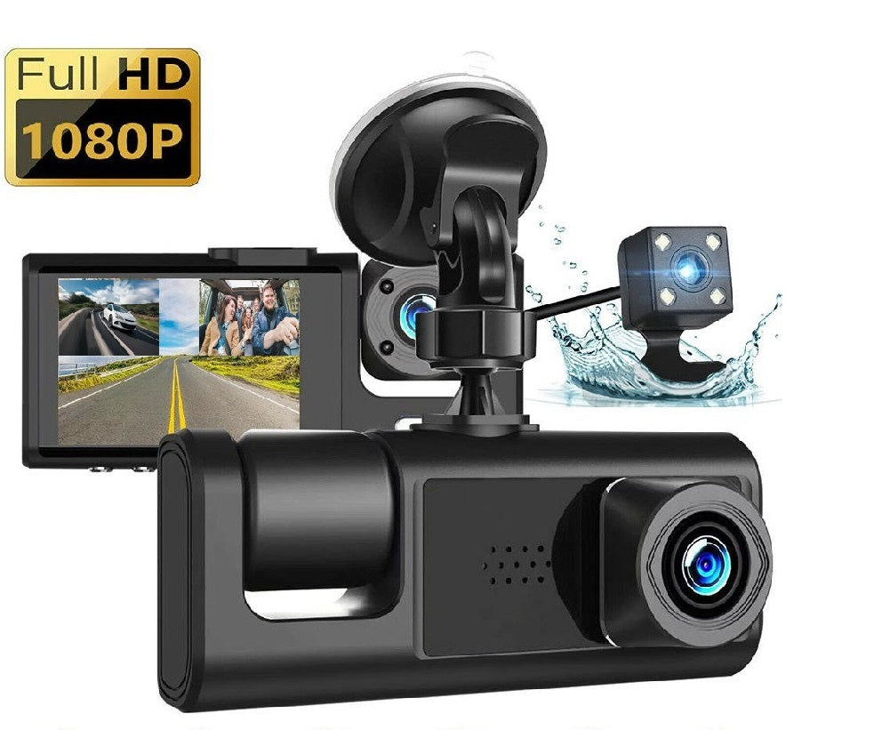 Introducing our 3 Lens Dash Camera:  3 Cameras for Comprehensive Coverage 170° Wide Angle Lens Full HD 1080P Resolution Features: Night Vision, WDR, G-Sensor, Park Mode, Loop Recording, Motion Detection 2.0 Inch Screen with Multi-language Support