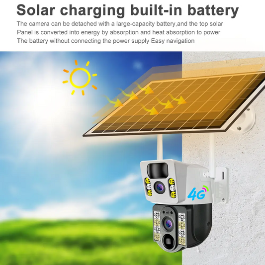Solar WiFi PTZ Camera 4MP with built-in battery being charged by the sun