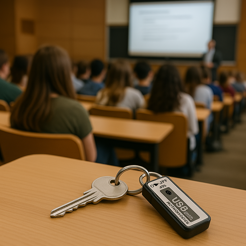 USB Voice Recorder as a keychain used to record a lecture in college