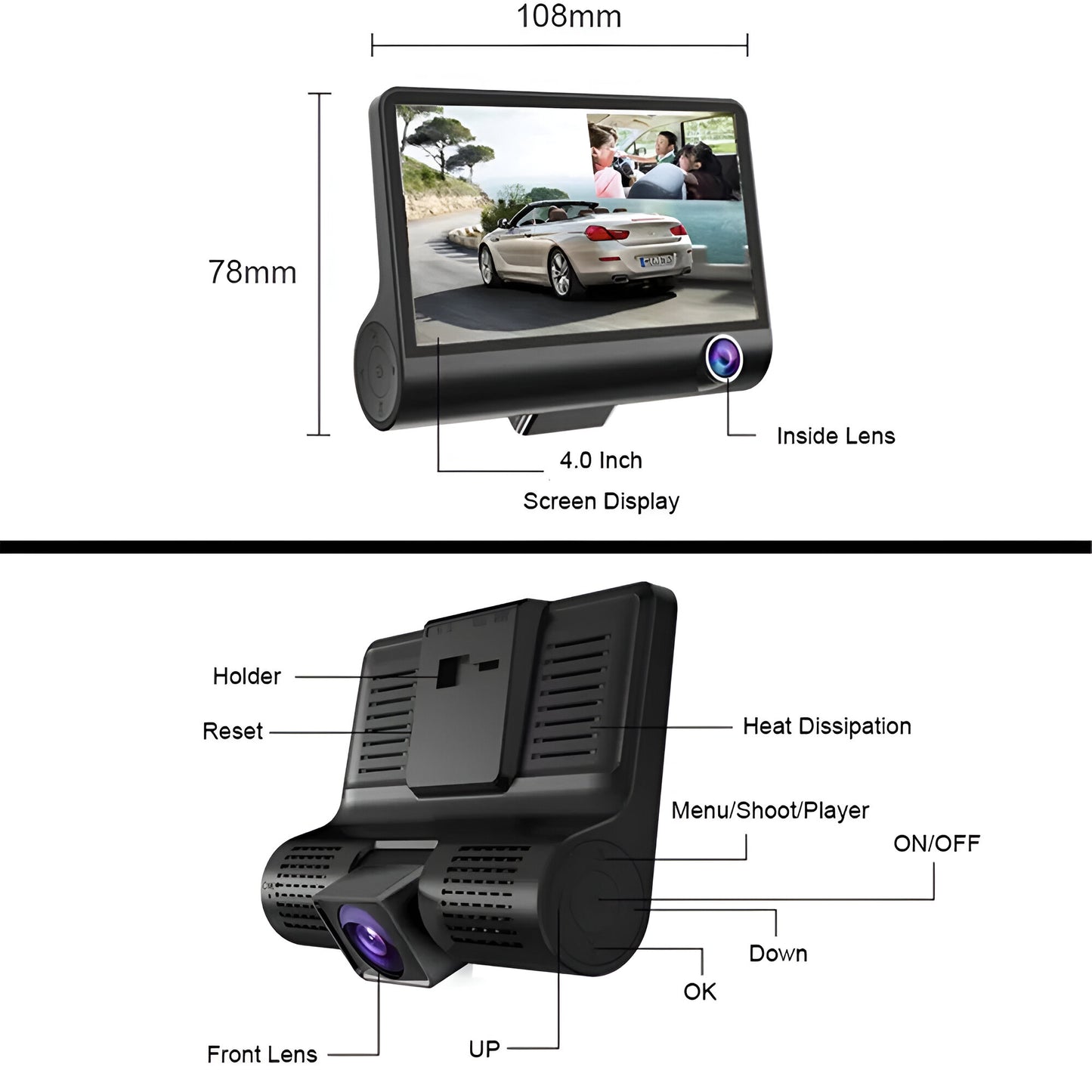 Solobesafe Three Cameras 4inch 3 Lens Car DVR 1080P Auto Camera Triple Lens Car Black Box Dash Cam