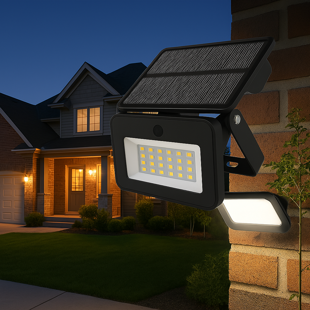 Solar powered waterproof garden light mounted on outdoor wall illuminating at night