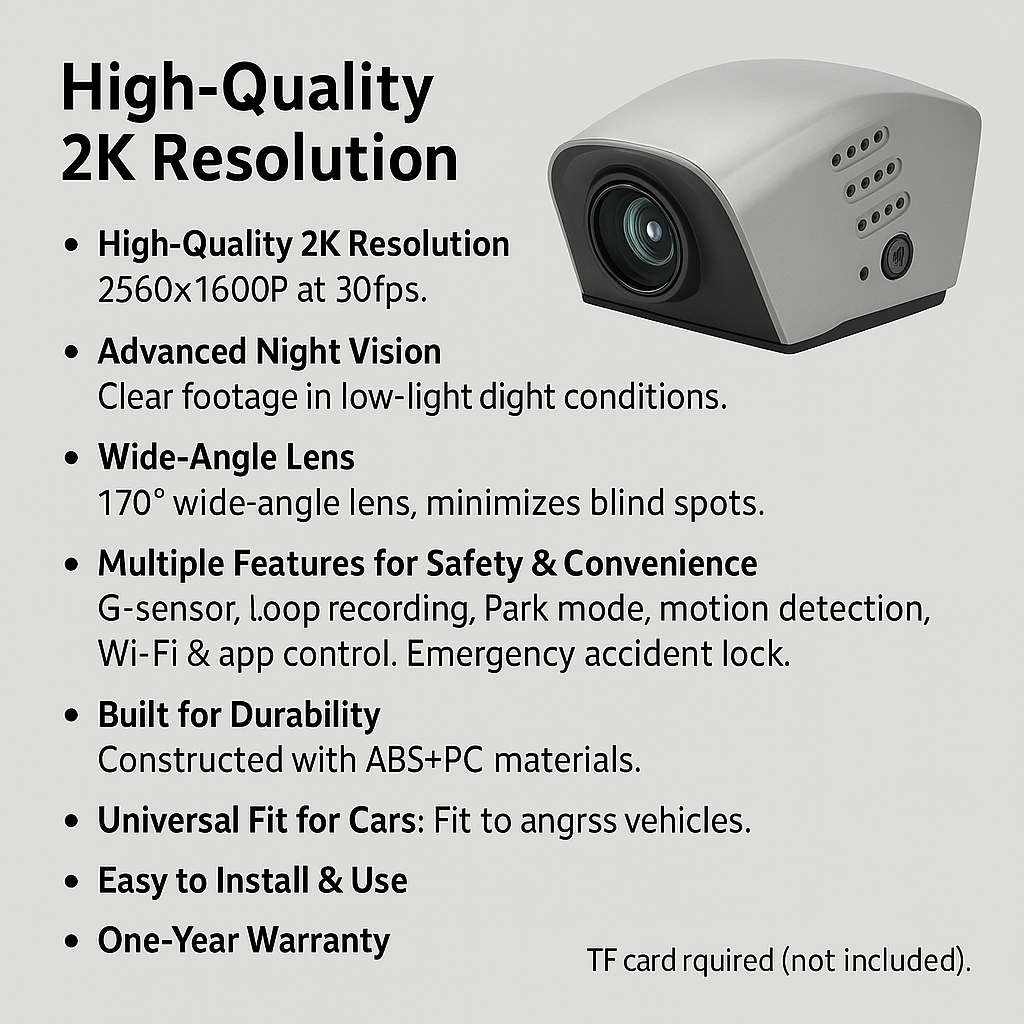 1080P  Solobesafe Dash Cam with Night Vision – Front  Car Camera, 2K Resolution, Event Data Recorder